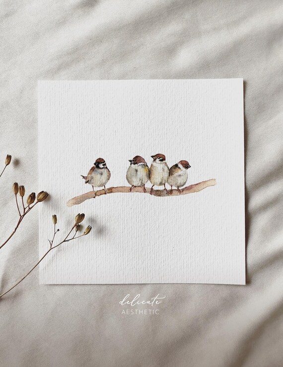 Sparrows on the Branch - Miniature Art Print - Print after my Original Watercolor | DelicateAesthetic