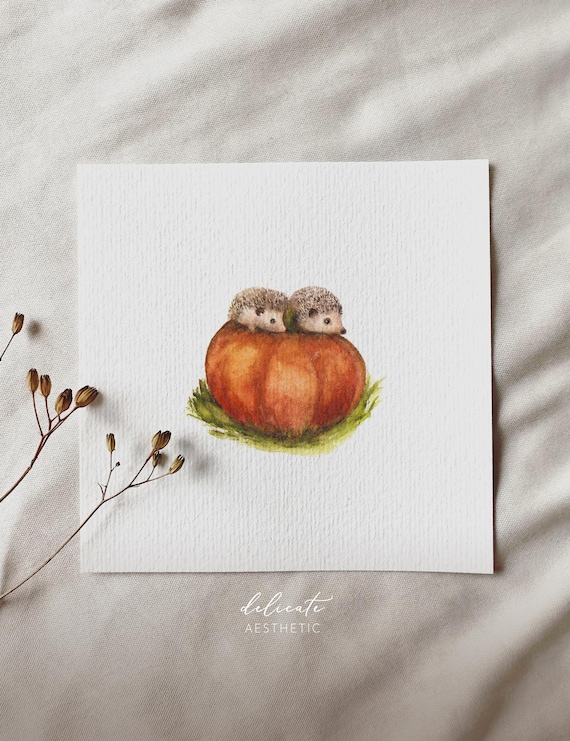 Autumnal pumpkin gathering: two hedgehogs on a pumpkin - miniature art print - print from my original watercolor | DelicateAesthetic