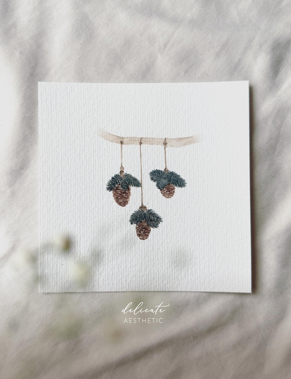 Holiday cones with fir branch refinement: Miniature art print - print from my original watercolor | DelicateAesthetic