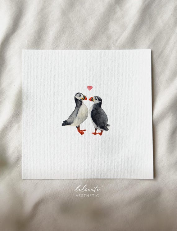 Love frenzy on the cliff edge: Puffins - Miniature art print - Print from my original watercolor | DelicateAesthetic