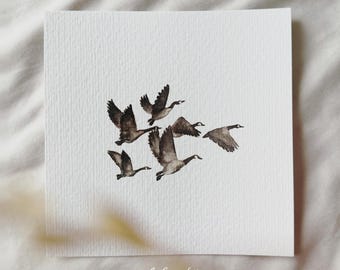 Flock of geese in the sky: Miniature art print with flying geese - Print from my original watercolor | DelicateAesthetic