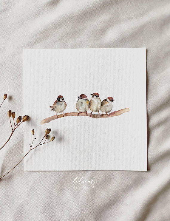 Sparrows on a Branch - Miniature Art Print - Print from my Original Watercolor | DelicateAesthetic