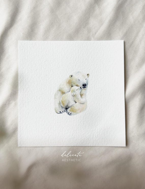 Polar bear family - miniature art print - print from my original watercolor | DelicateAesthetic