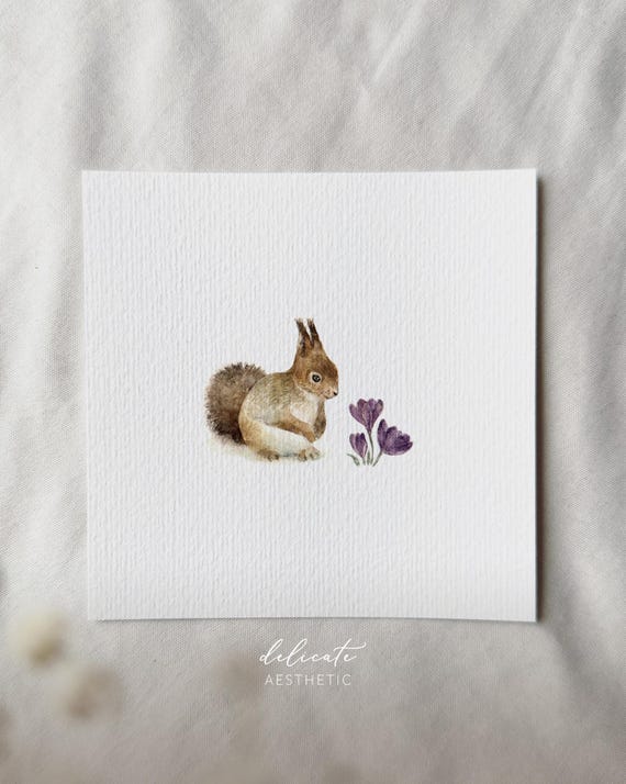 Between Spring Whispers: Squirrels and Crocuses - Miniature Art Print - Print after my Original Watercolor | DelicateAesthetic
