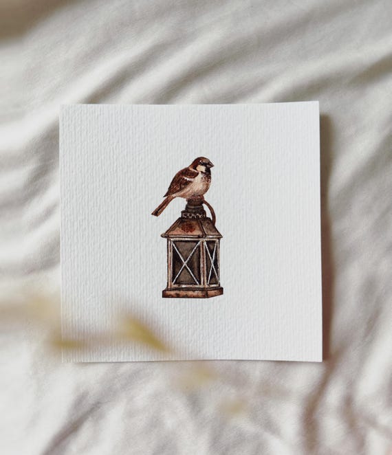 A sparrow on an autumn lantern - miniature art print - print after my original watercolor | DelicateAesthetic