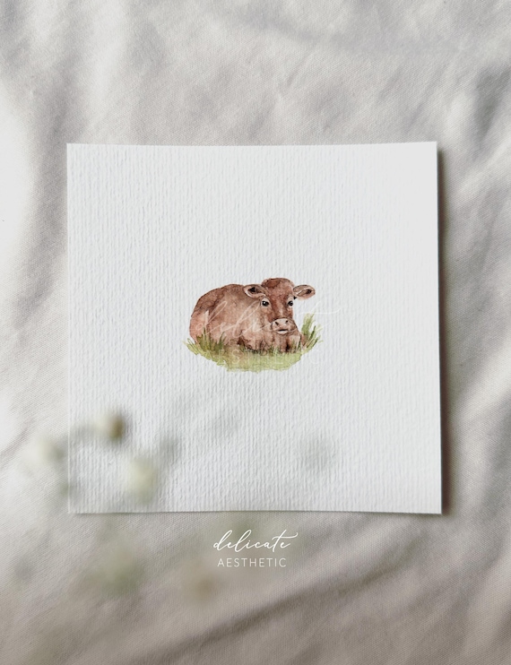 Rural tranquility: a cow in a meadow | Miniature art print | Print from my original watercolor | DelicateAesthetic