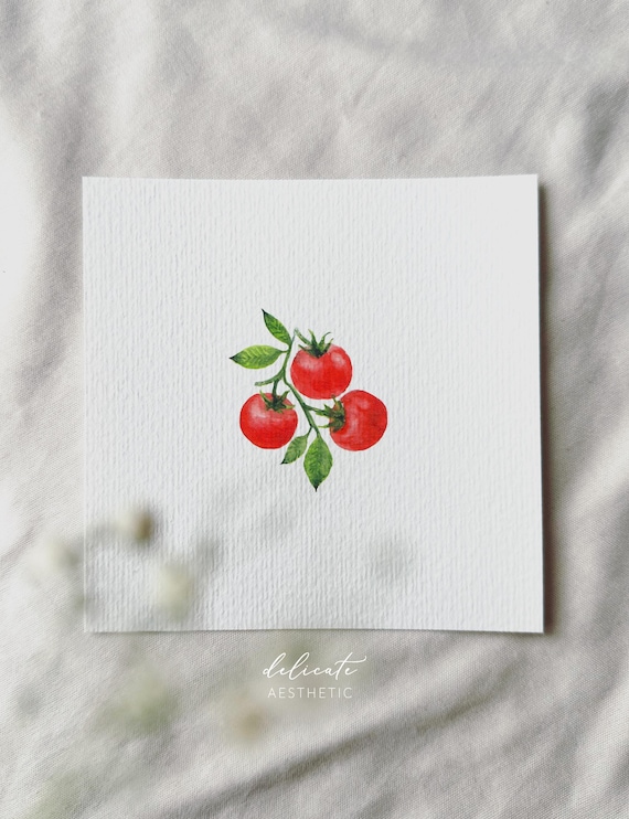 Tomatoes on a Branch - Miniature Art Print from my Original Watercolor | DelicateAesthetic