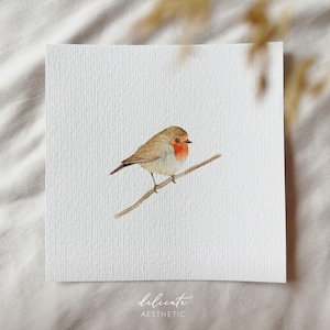 Petirrojo en una rama - Impresión artística en miniatura - Impresión a partir de mi acuarela original | DelicateAesthetic