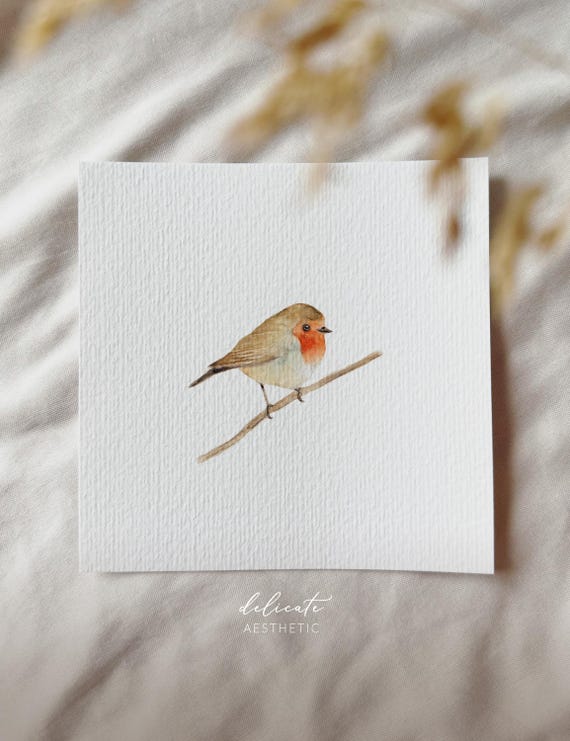 Robin on a branch - Miniature art print - Print from my original watercolor | DelicateAesthetic