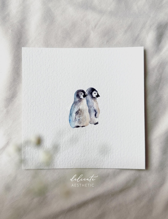 It's warmer together: two little penguins | Miniature art print | Print from my original watercolor | DelicateAesthetic