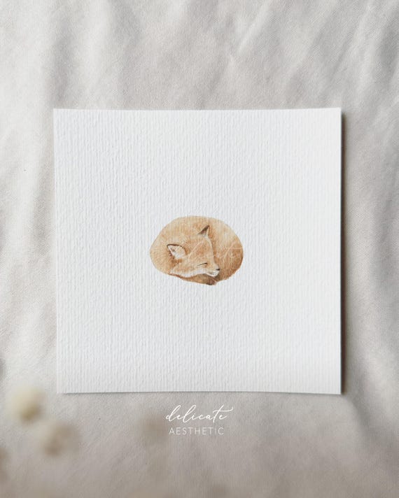 Fluffy Slumber: The Sleeping Fox - Miniature Art Print - Print from my Original Watercolor | DelicateAesthetic