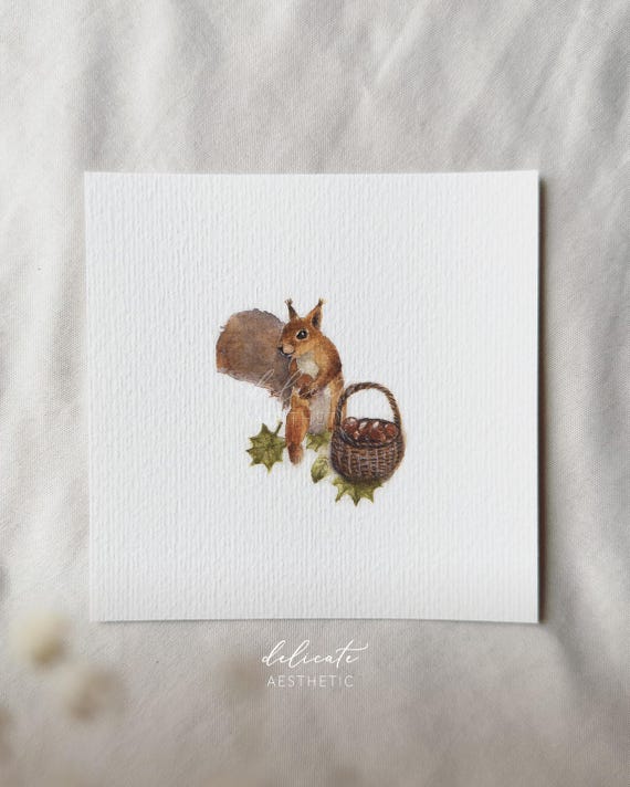 Autumn Treasure Hunt: The Squirrel on a Nut Hunt | Miniature Art Print | Print from my Original Watercolor | DelicateAesthetic