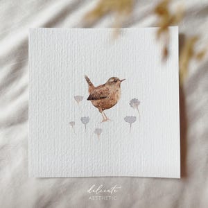Rencontre royale : Troglodyte et fleurs violettes | Impression d'art miniature | Impression d'après mon aquarelle originale | DélicatEsthétique