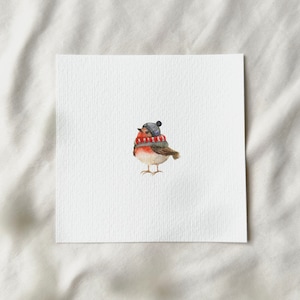 Fluffy holiday joy: watercolor robin in a winter look - miniature art print from Original