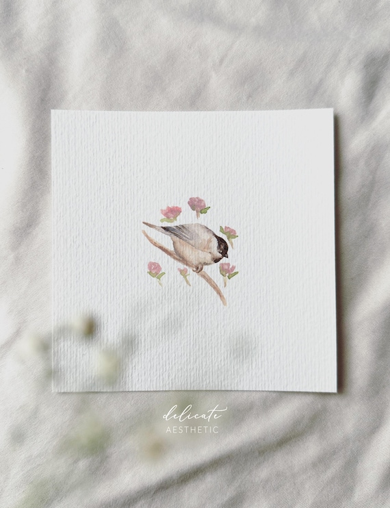 Chickadee with pink flowers - Miniature art print - Print from my original watercolor | DelicateAesthetic