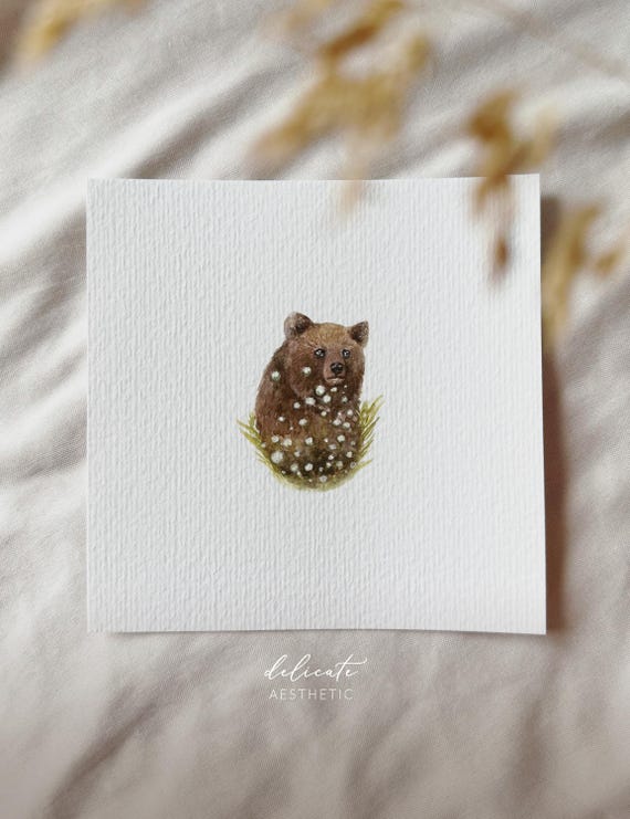Bear in a sea of flowers | Miniature art print | Print after my original watercolor | DelicateAesthetic