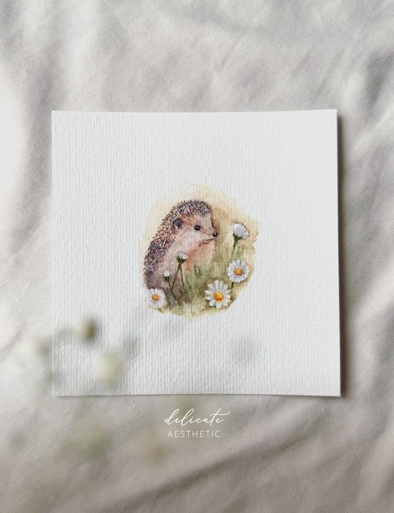 Hedgehog in a Flower Garden - Miniature Art Print - Print from my Original Watercolor | DelicateAesthetic