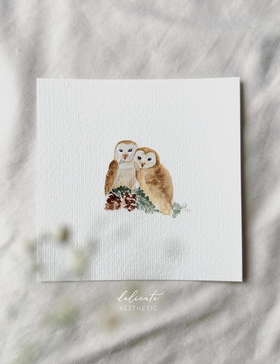 Nighttime visitors at Christmas: Owls - Miniature art print - Print after my original watercolor | DelicateAesthetic