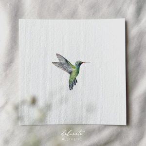 Kleine aquarel kolibrie - miniatuur kunstdruk - afdruk van mijn originele aquarel | Delicate esthetiek