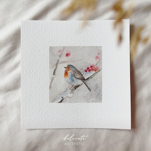 Splendore invernale piumato: pettirosso in un paesaggio invernale - stampa artistica in miniatura - stampa dal mio acquerello originale | Estetica delicata