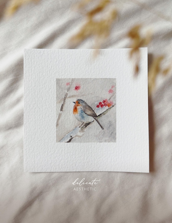 Feathered winter splendor: Robin in a winter landscape - Miniature art print - Print after my original watercolor | DelicateAesthetic