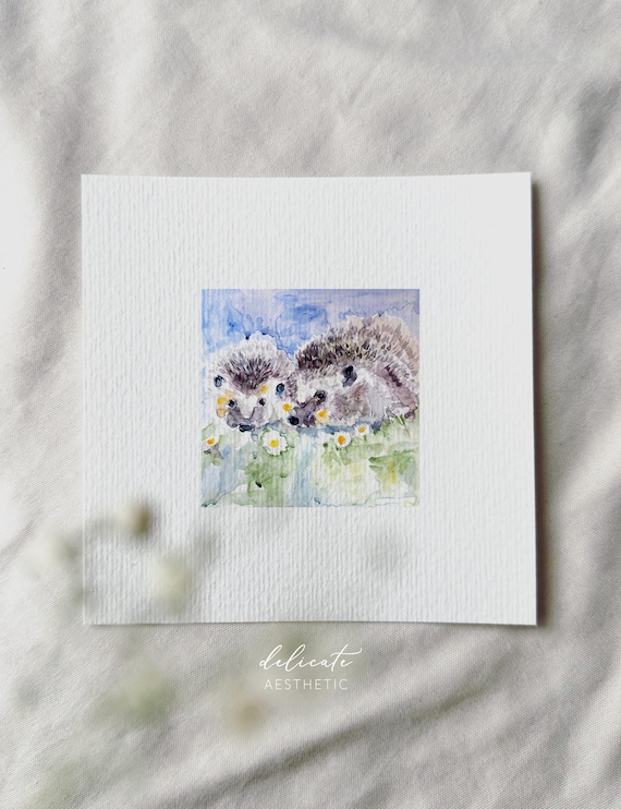 Two hedgehogs in a daisy field - miniature art print - print from my original watercolor | DelicateAesthetic