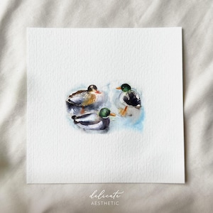 Trio di anatre su un mare calmo - stampa artistica in miniatura - stampa dal mio acquerello originale | Estetica delicata