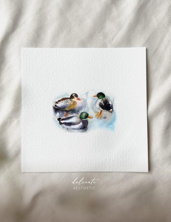 Duck trio on a calm sea - miniature art print - print after my original watercolor | DelicateAesthetic
