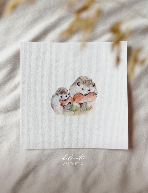 Meal in the autumn forest: hedgehog family and mushrooms - miniature art print - print from my original watercolor | DelicateAesthetic