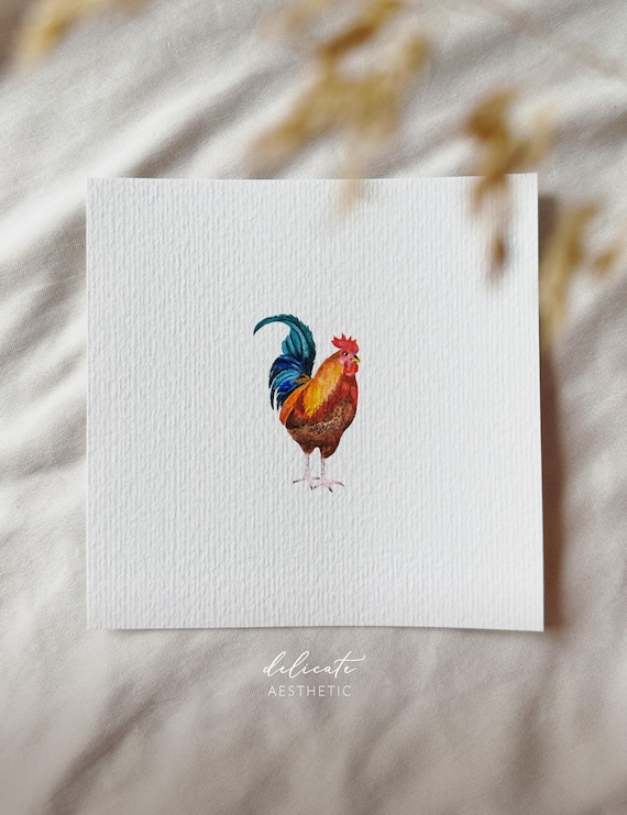 A splendid display of color at dawn – the rooster – miniature art print – print from my original watercolor | DelicateAesthetic