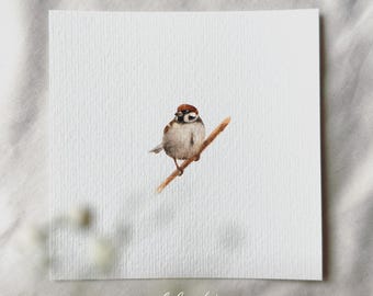 Sparrow on the Branch - Miniature Art Print - Print from my Original Watercolor | DelicateAesthetic