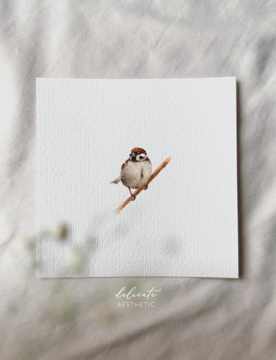 Sparrow on the Branch - Miniature Art Print - Print from my Original Watercolor | DelicateAesthetic