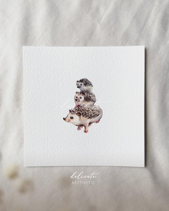 Heartfelt Spike Tower: Hedgehog Family - Miniature Art Print - Print from my Original Watercolor | DelicateAesthetic