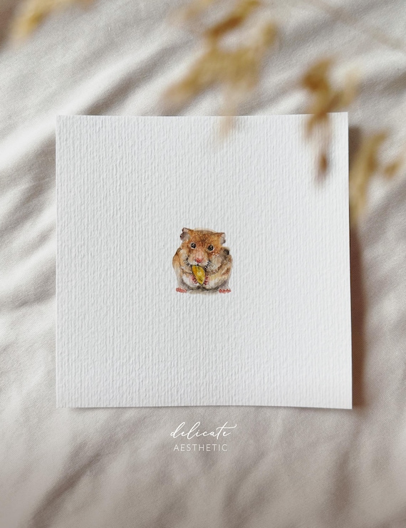Little Nut Thief: Golden Hamster and his Treat - Miniature Art Print - Print after my Original Watercolor | DelicateAesthetic