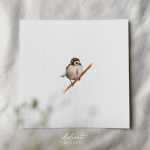 Spatz auf dem Ast - Miniatur Kunstdruck - Druck nach meinem Original Aquarell | DelicateAesthetic