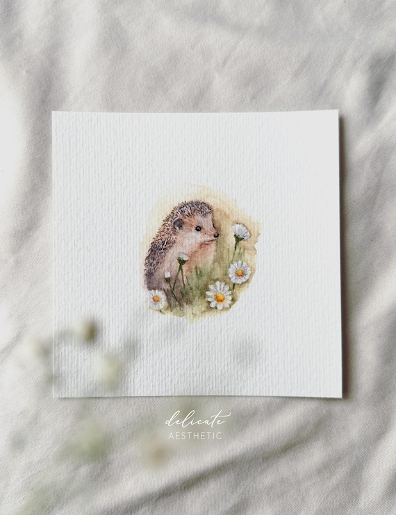 Hedgehog in a flower garden - miniature art print - print from my original watercolor | DelicateAesthetic
