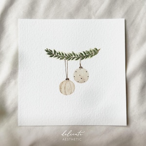 Spirito natalizio festoso: palline di Natale su un ramo di abete - stampa artistica in miniatura basata sul mio acquerello originale | Estetica delicata