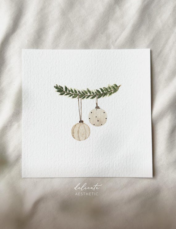 Festive Christmas spirit: Christmas balls on a fir branch - miniature art print based on my original watercolor | DelicateAesthetic