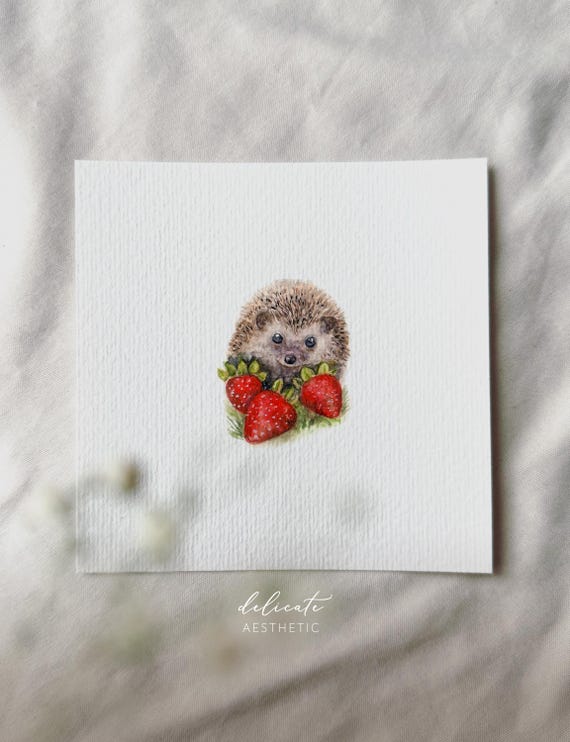 Hedgehog in a Strawberry Garden - Miniature Art Print - Print from my Original Watercolor | DelicateAesthetic