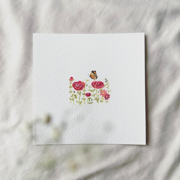 Poésie flottante : Papillon dans le champ de fleurs - Impression d’art miniature basée sur mon aquarelle originale