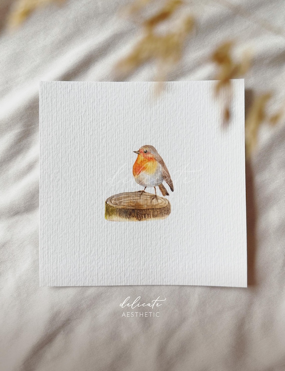 Robin in the Forest - Miniature Art Print - Print from my Original Watercolor | DelicateAesthetic