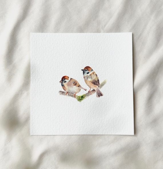 Sparrows - Miniature Art Print - Print after my original watercolor | DelicateAesthetic