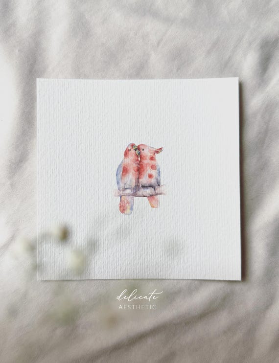 Flying Hearts: Parrots in Love - Miniature Art Print - Print from my Original Watercolor | DelicateAesthetic