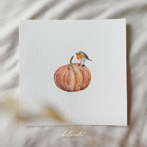 Salutation d'automne : rouge-gorge sur citrouille - impression d'art miniature - impression d'après mon aquarelle originale | Esthétique délicate