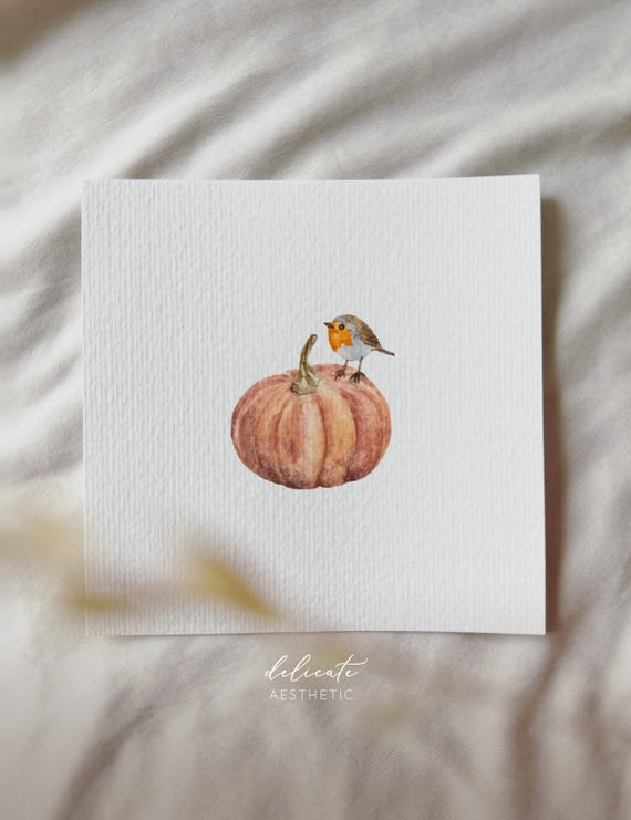 Autumn Greetings: Robin on Pumpkin - Miniature Art Print - Print from my Original Watercolor | DelicateAesthetic