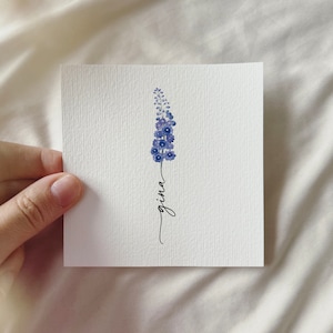 Acuarela Larkspur, mes de nacimiento julio, impresión de arte en miniatura personalizada, regalo cumpleaños día de la madre día de San Valentín Navidad