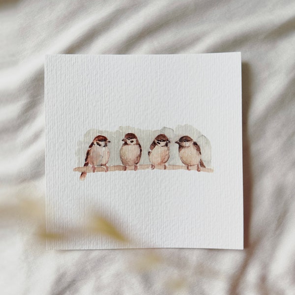 Sparrows on the Branch - Miniature Art Print from Original Watercolor