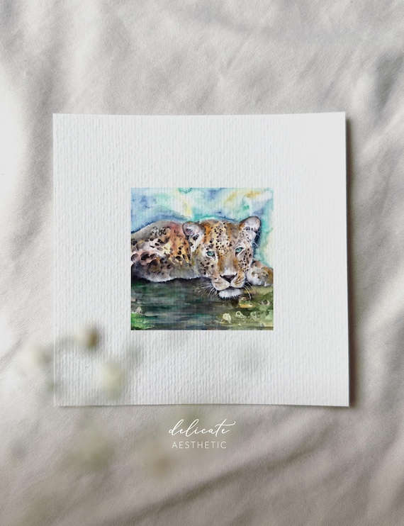Leopard on the Shore - Miniature Art Print - Print from my Original Watercolor | DelicateAesthetic