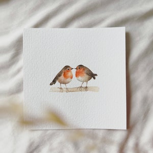 Fluttering Hearts: Robins in Love in Love - Miniature Art Print of Original Watercolor