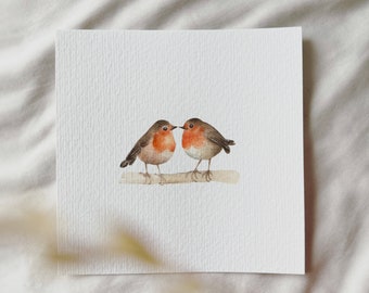 Flatternde Herzen: Verliebte Rotkehlchen im Liebesglück - Miniatur Kunstdruck von Original Aquarell